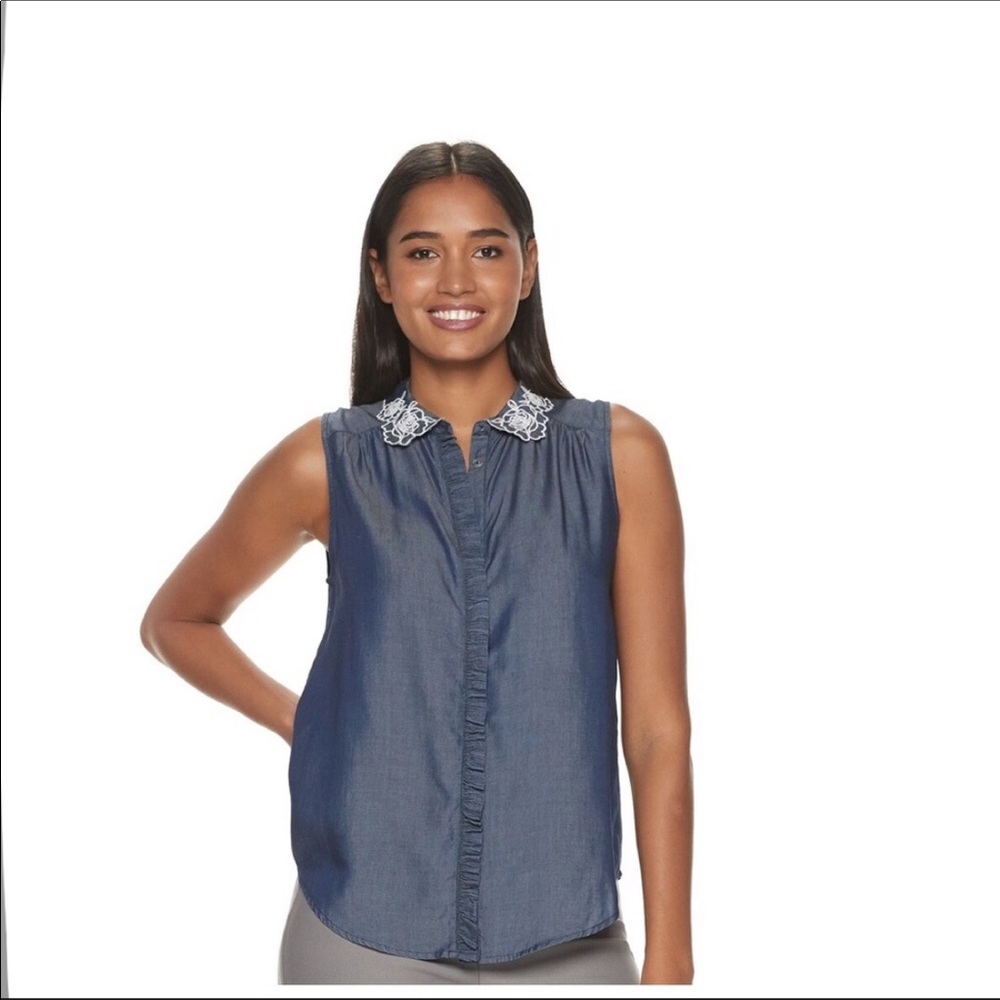 Elle Dark Navy Chambray White Rose Embroidery